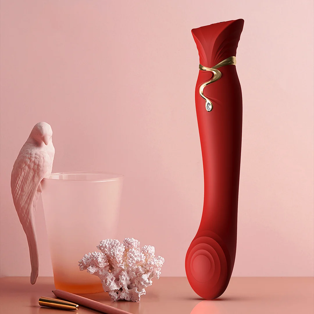 ZALO® Queen Set G-spot PulseWave Vibrator with Suction Sleeve and in and out thrust like a regular vibrator in Passion Red color.